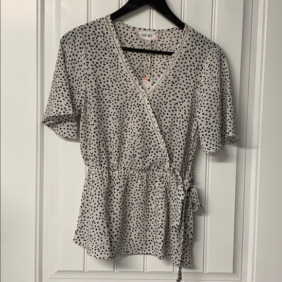 Black & White Polka Dot Crossover SS Blouse, S - Picture 1 of 6